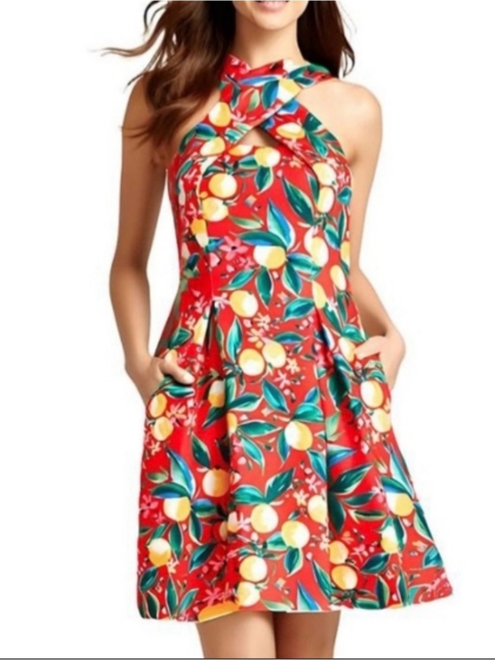 Vince Camuto Red Citrus-Print Halter Mini Dress
